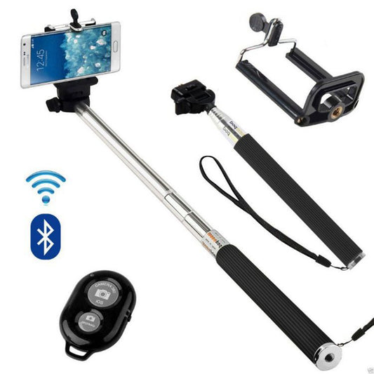 Stainless Steel 7-Section Telescopic  Tube Black Selfie Stick Bluetooth Remote Control Selfie Stick Set